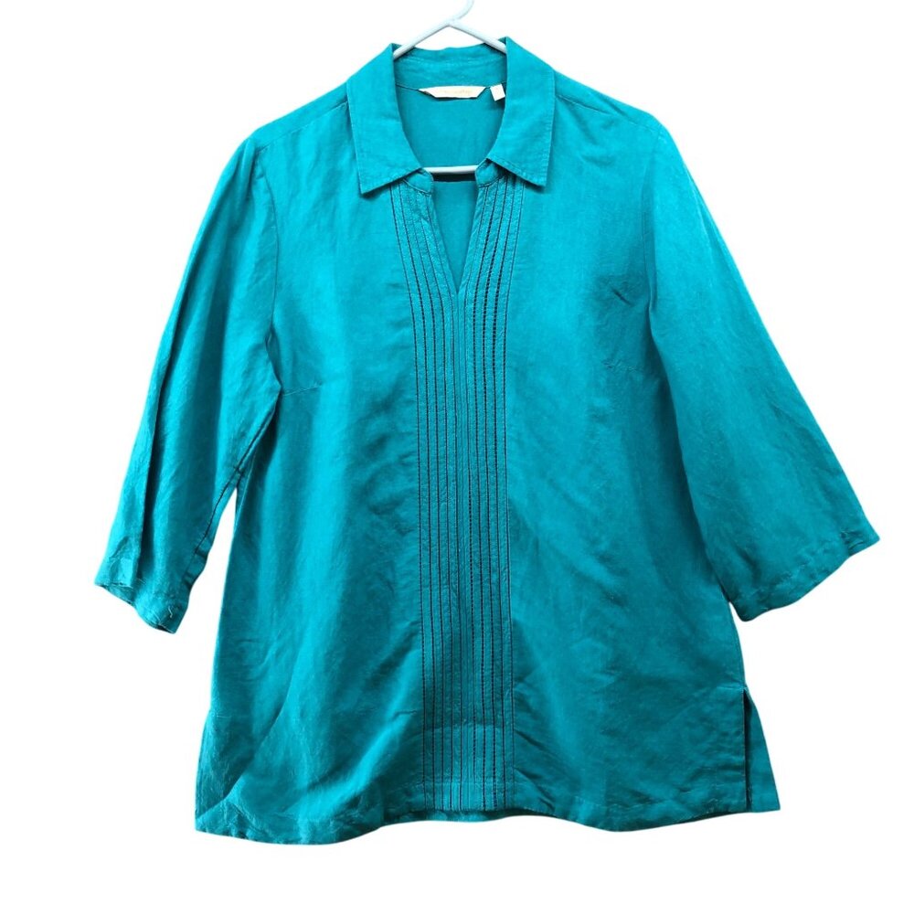 Soft Surroundings Linen Blend Tunic Shirt Womens M Blue Teal Pintuck 3/4‎ Sleeve